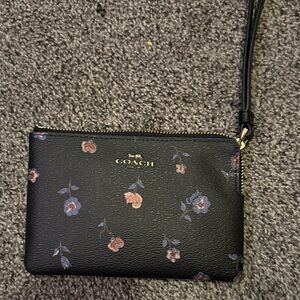 Coach Black Floral Leather Wristlet with Pink and Blue Blooms